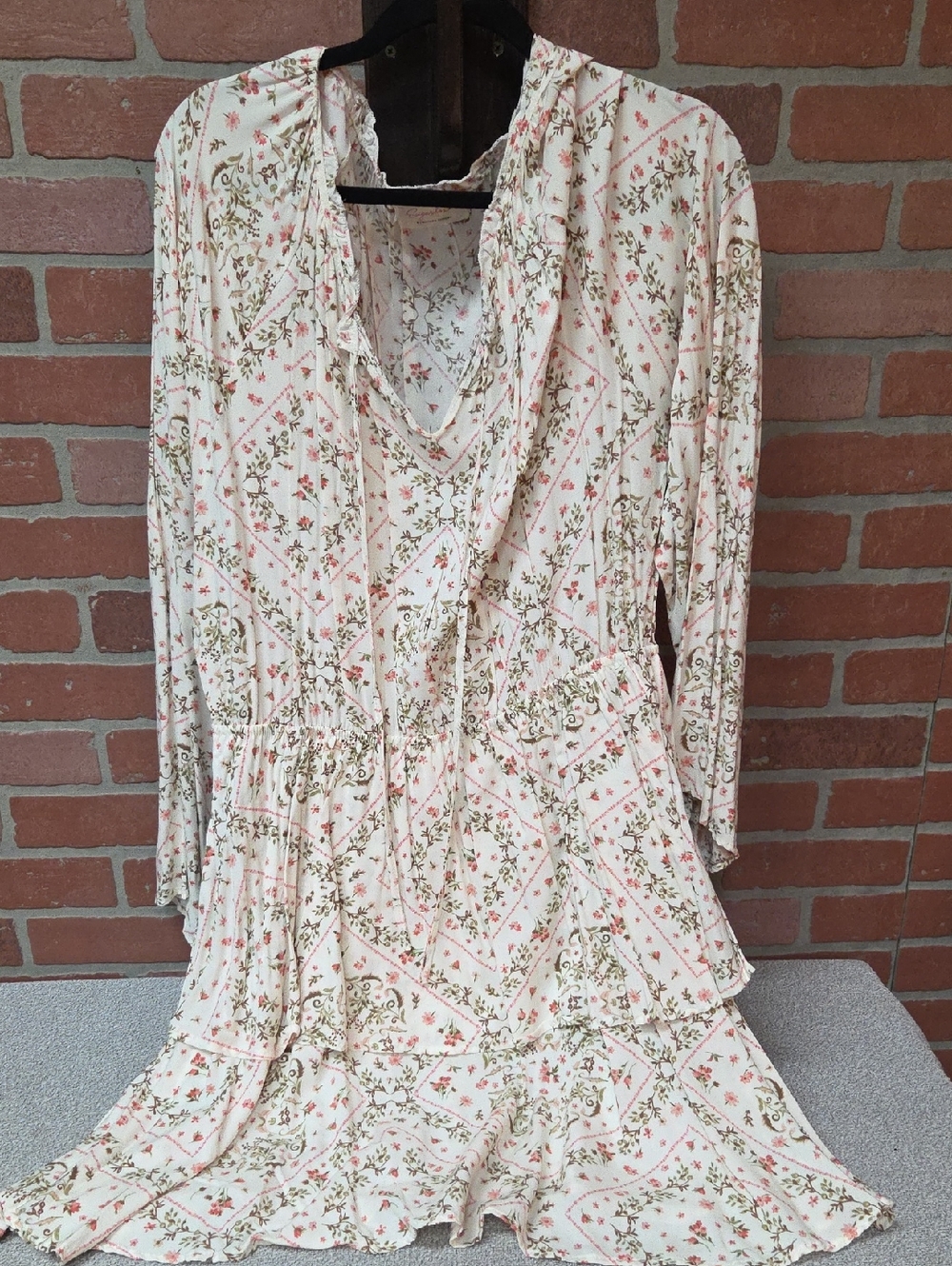 Sugar Fox Cream Floral Long Sleeve Boho Dress with Pink & Green Print 3x